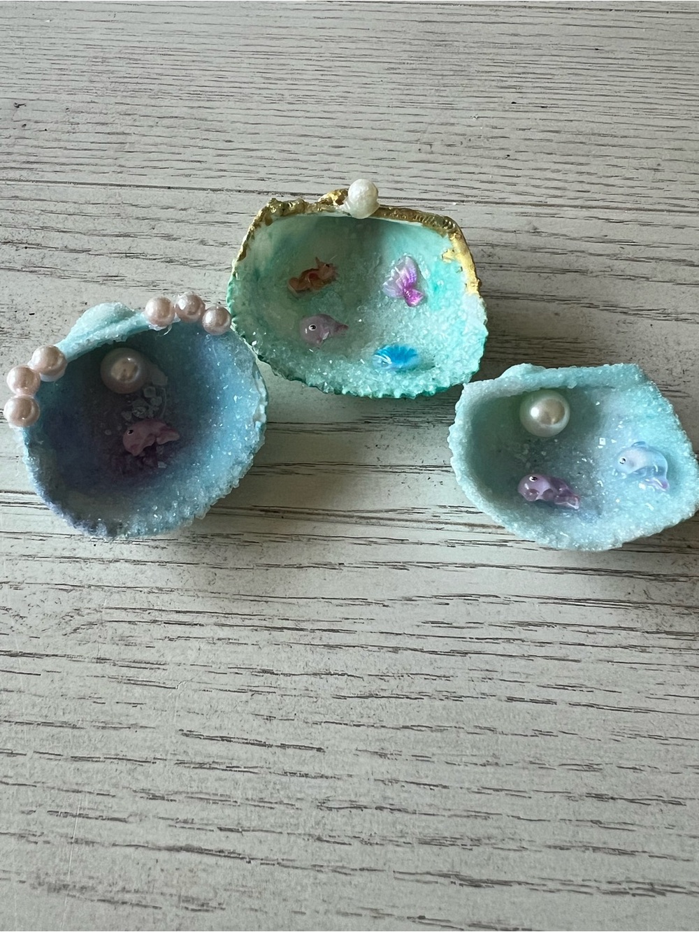 Handmade Decorative Sea Shell Trinket Dishes with Pearls and Fish -Set of 3